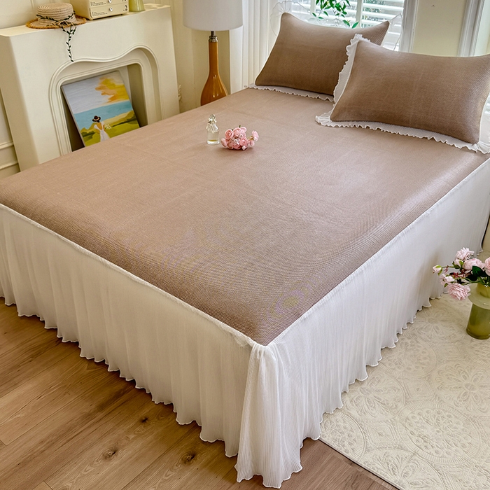 91家纺网 家纺一手货源 找家纺 逸尚阁 2026新款纯色雪纺冰藤床裙凉席三件套 冰藤床裙-咖