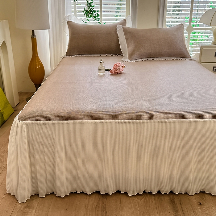 91家纺网 家纺一手货源 找家纺 逸尚阁 2026新款纯色雪纺冰藤床裙凉席三件套 冰藤床裙-咖