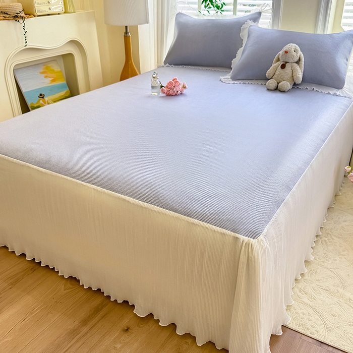 91家纺网 家纺一手货源 找家纺 逸尚阁 2026新款纯色雪纺冰藤床裙凉席三件套 冰藤床裙-蓝