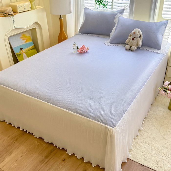 91家纺网 家纺一手货源 找家纺 逸尚阁 2026新款纯色雪纺冰藤床裙凉席三件套 冰藤床裙-蓝