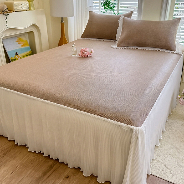 91家纺网 家纺一手货源 找家纺 逸尚阁 2026新款纯色雪纺冰藤床裙凉席三件套 冰藤床裙-咖