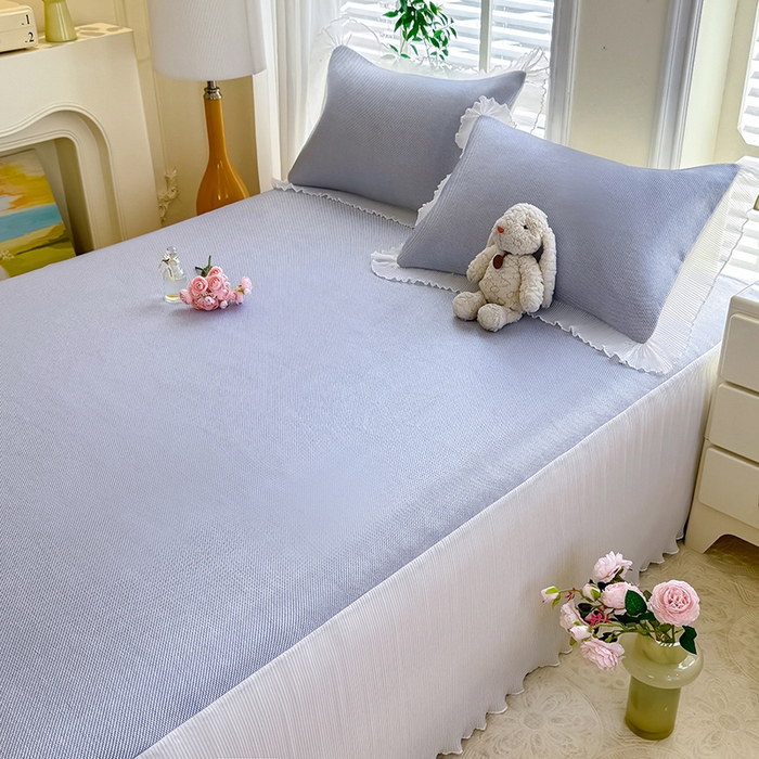 91家纺网 家纺一手货源 找家纺 逸尚阁 2026新款纯色雪纺冰藤床裙凉席三件套 冰藤床裙-蓝