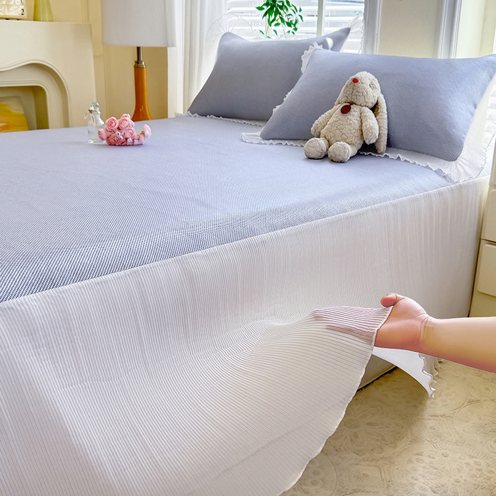 91家纺网 家纺一手货源 找家纺 逸尚阁 2026新款纯色雪纺冰藤床裙凉席三件套 冰藤床裙-蓝