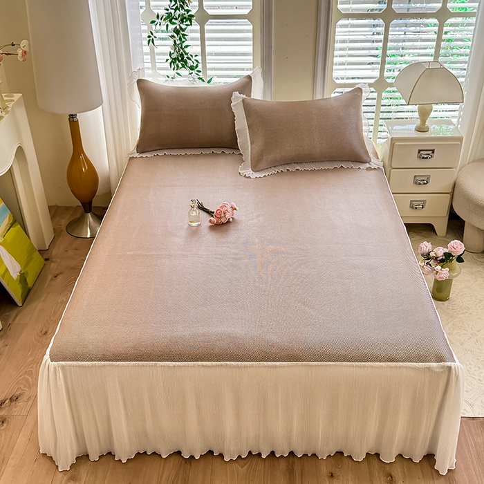 逸尚阁 2026新款纯色雪纺冰藤床裙凉席三件套 冰藤床裙-咖