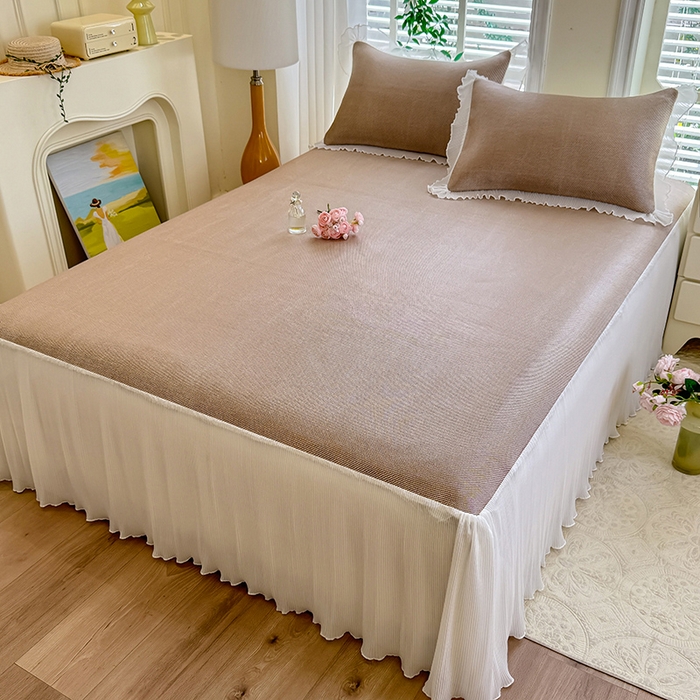 91家纺网 家纺一手货源 找家纺 逸尚阁 2026新款纯色雪纺冰藤床裙凉席三件套 冰藤床裙-咖