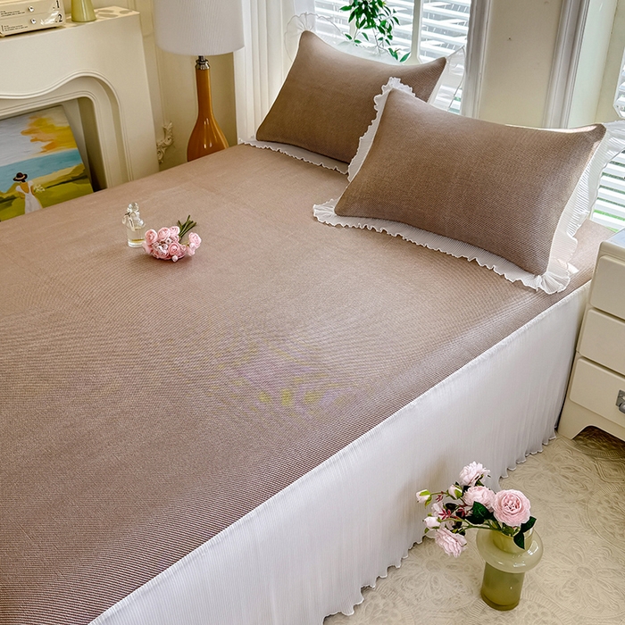 91家纺网 家纺一手货源 找家纺 逸尚阁 2026新款纯色雪纺冰藤床裙凉席三件套 冰藤床裙-咖