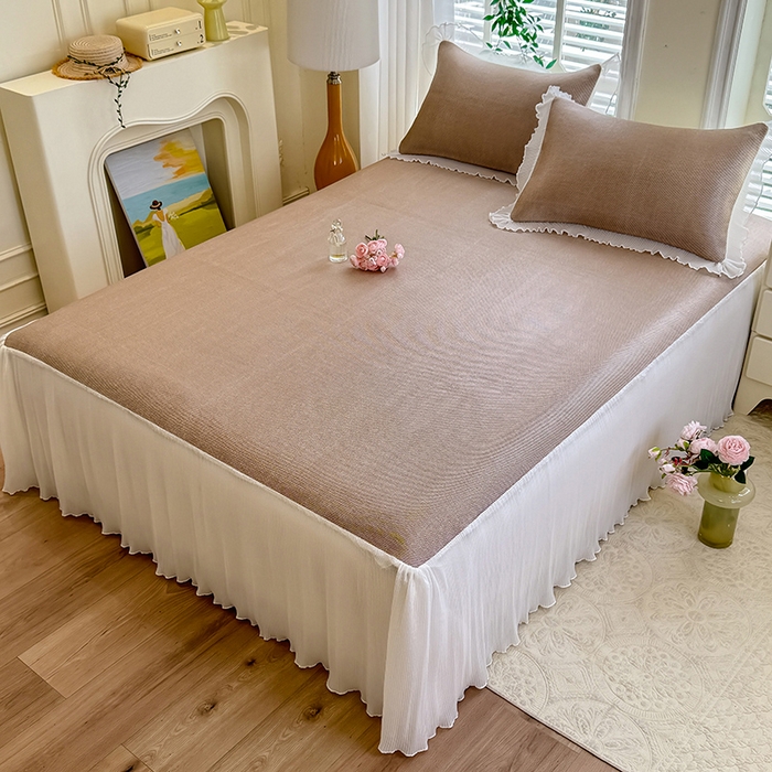 91家纺网 家纺一手货源 找家纺 逸尚阁 2026新款纯色雪纺冰藤床裙凉席三件套 冰藤床裙-咖