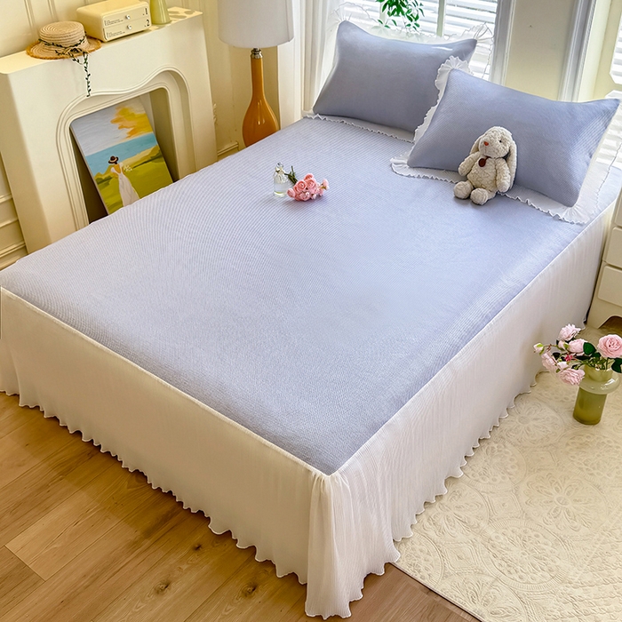 91家纺网 家纺一手货源 找家纺 逸尚阁 2026新款纯色雪纺冰藤床裙凉席三件套 冰藤床裙-蓝