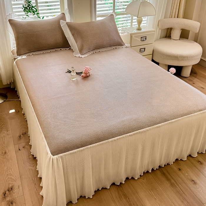 91家纺网 家纺一手货源 找家纺 逸尚阁 2026新款纯色雪纺冰藤床裙凉席三件套 冰藤床裙-咖