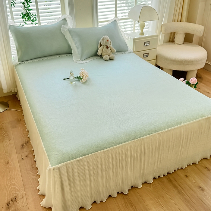 91家纺网 家纺一手货源 找家纺 逸尚阁 2026新款纯色雪纺冰藤床裙凉席三件套 冰藤床裙-绿