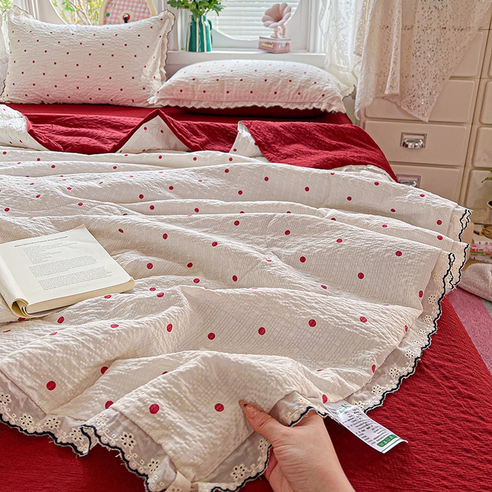 仟网汇 2026新款法式花边泡芙纱夏被四件套 红波点