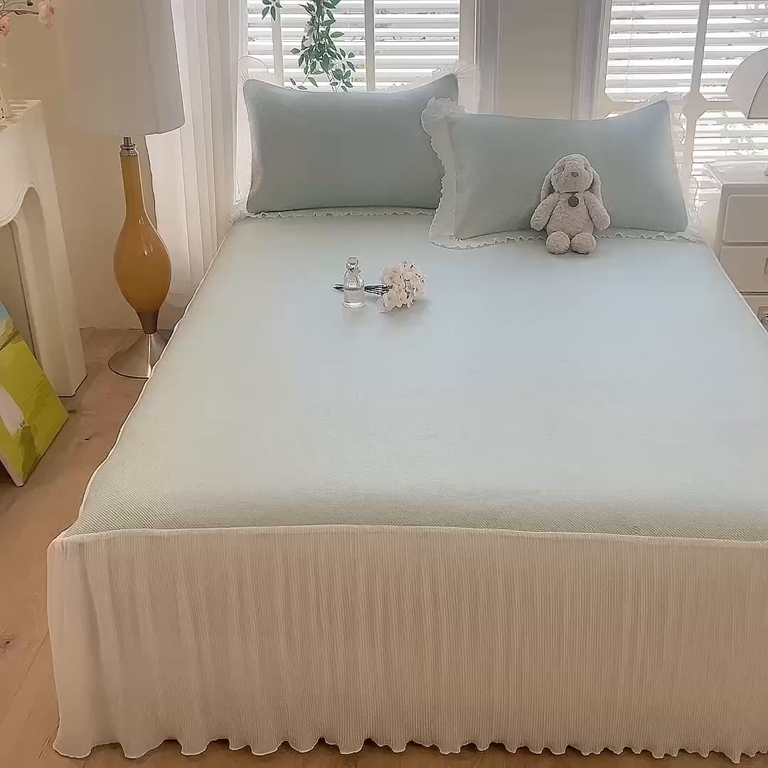 91家纺网 家纺一手货源 找家纺 逸尚阁 2026新款纯色雪纺冰藤床裙凉席三件套 冰藤床裙-绿