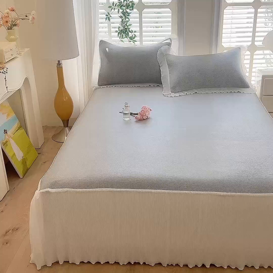 91家纺网 家纺一手货源 找家纺 逸尚阁 2026新款纯色雪纺冰藤床裙凉席三件套 冰藤床裙-灰