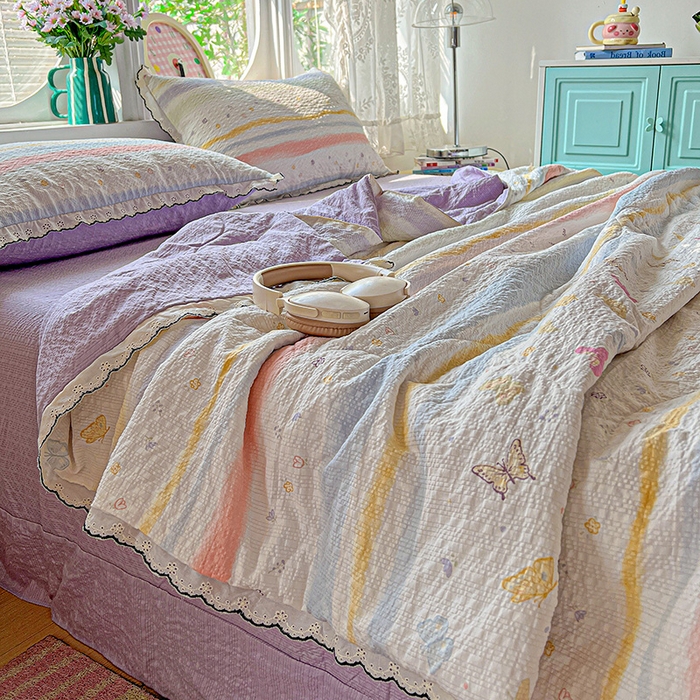 91家纺网 家纺一手货源 找家纺 仟网汇 2026新款法式花边泡芙纱夏被四件套 蝴蝶谷