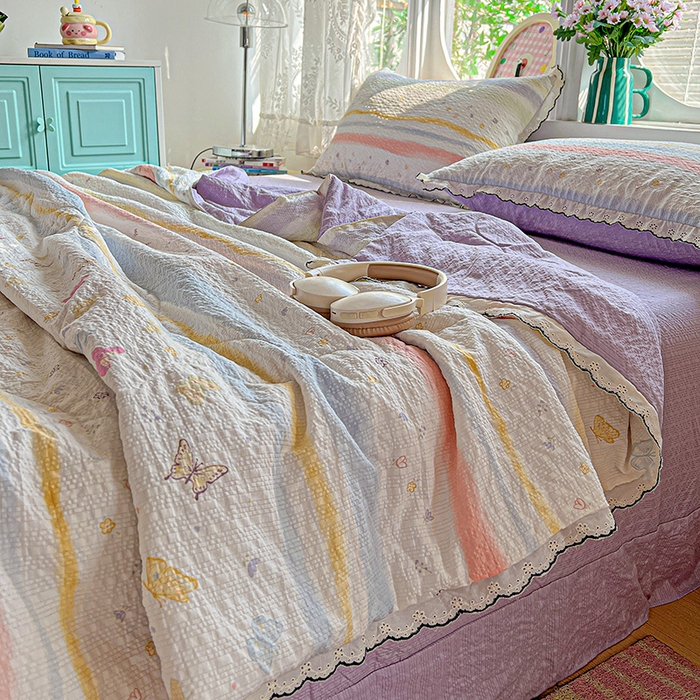 91家纺网 家纺一手货源 找家纺 仟网汇 2026新款法式花边泡芙纱夏被四件套 蝴蝶谷