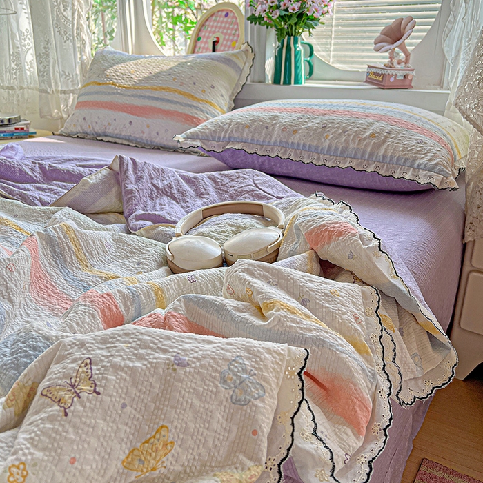 91家纺网 家纺一手货源 找家纺 仟网汇 2026新款法式花边泡芙纱夏被四件套 蝴蝶谷