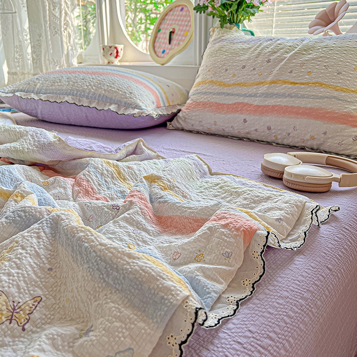 91家纺网 家纺一手货源 找家纺 仟网汇 2026新款法式花边泡芙纱夏被四件套 蝴蝶谷
