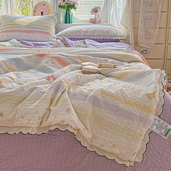 91家纺网 家纺一手货源 找家纺 仟网汇 2026新款法式花边泡芙纱夏被四件套 蝴蝶谷