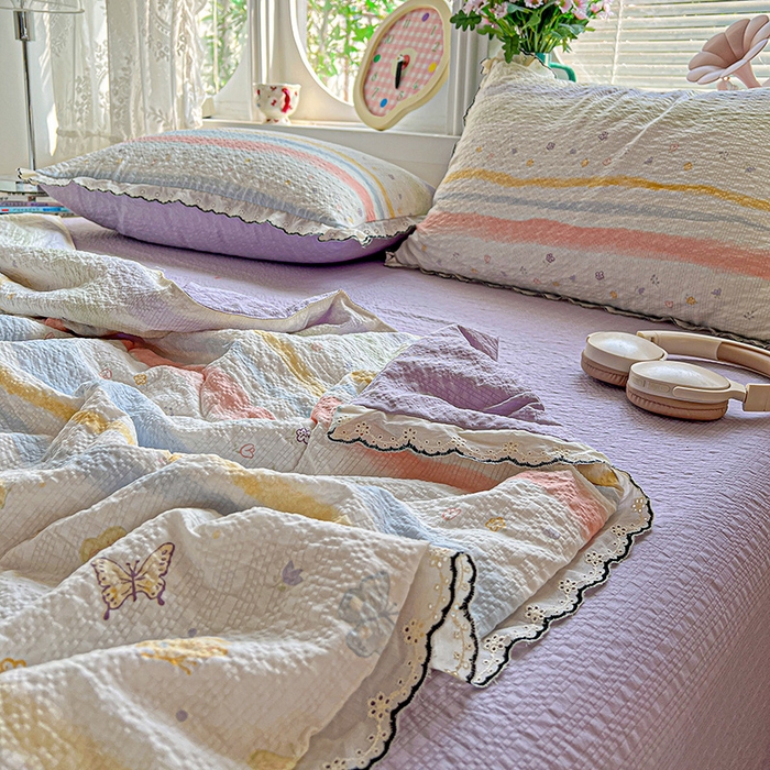 91家纺网 家纺一手货源 找家纺 仟网汇 2026新款法式花边泡芙纱夏被四件套 蝴蝶谷