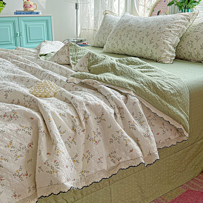 91家纺网 家纺一手货源 找家纺 仟网汇 2026新款法式花边泡芙纱夏被四件套 花枝兔