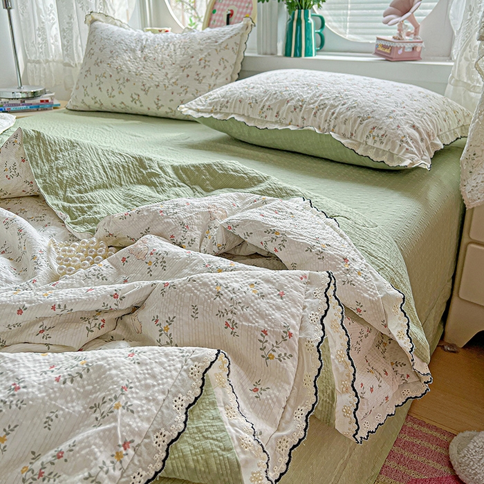 91家纺网 家纺一手货源 找家纺 仟网汇 2026新款法式花边泡芙纱夏被四件套 花枝兔