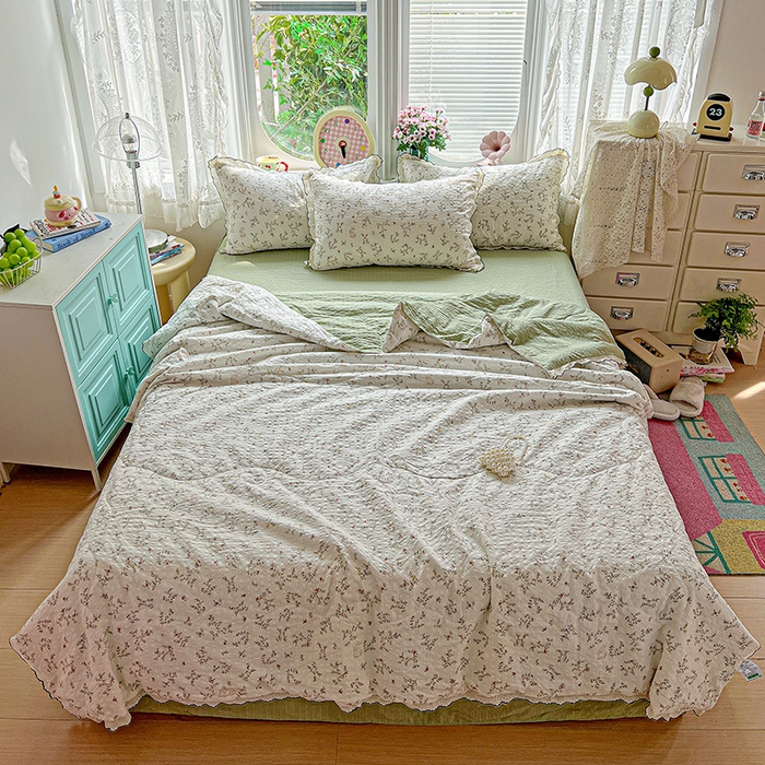 91家纺网 家纺一手货源 找家纺 仟网汇 2026新款法式花边泡芙纱夏被四件套 花枝兔