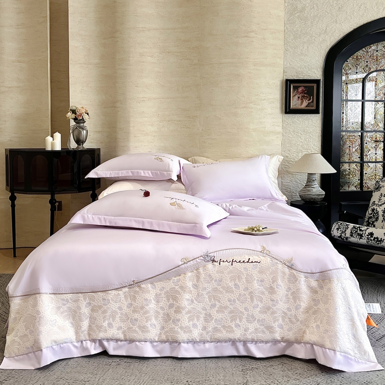 91家纺网 家纺一手货源 找家纺 宅家居 2026新款贝琳娜-燕窝蛋白刺绣A类水喜天丝贴纱绣夏被四件套 紫色