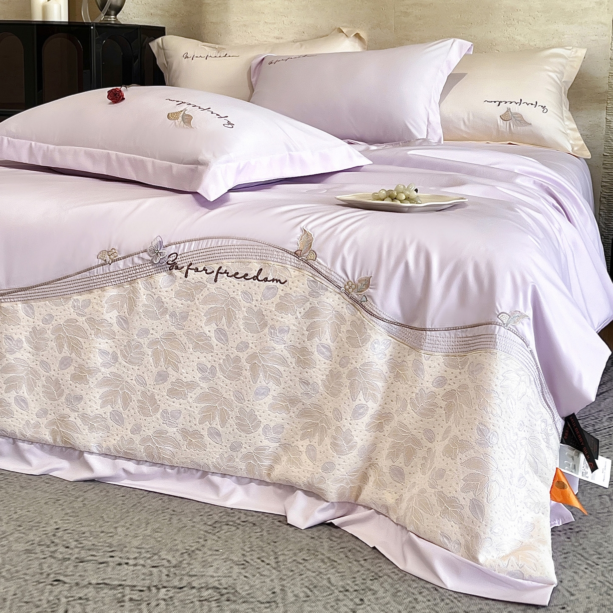 91家纺网 家纺一手货源 找家纺 宅家居 2026新款贝琳娜-燕窝蛋白刺绣A类水喜天丝贴纱绣夏被四件套 紫色