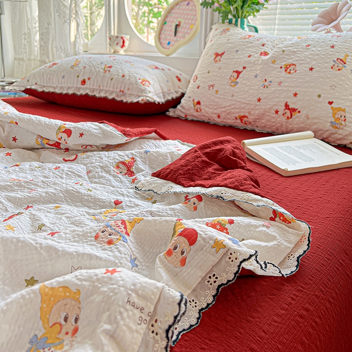 91家纺网 家纺一手货源 找家纺 仟网汇 2026新款法式花边泡芙纱夏被四件套 梦宝贝 - 红