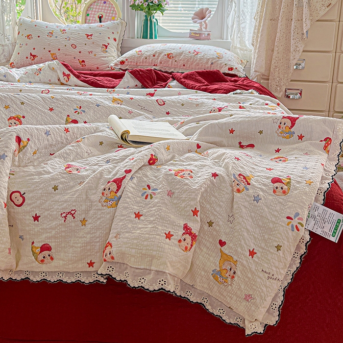 91家纺网 家纺一手货源 找家纺 仟网汇 2026新款法式花边泡芙纱夏被四件套 梦宝贝 - 红