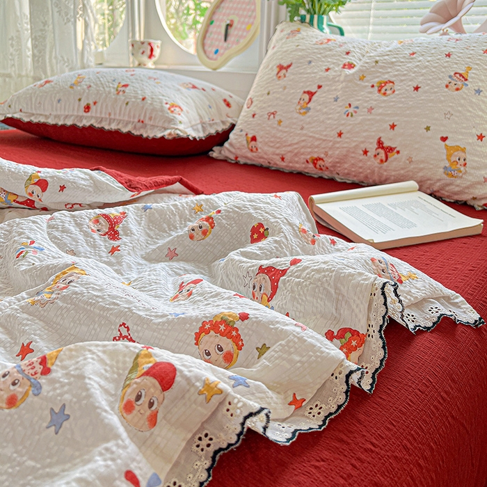 91家纺网 家纺一手货源 找家纺 仟网汇 2026新款法式花边泡芙纱夏被四件套 梦宝贝 - 红