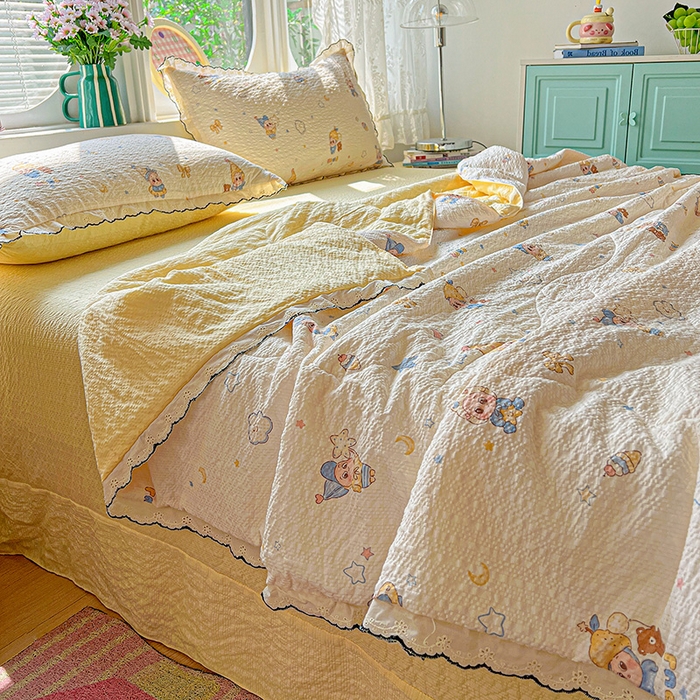 91家纺网 家纺一手货源 找家纺 仟网汇 2026新款法式花边泡芙纱夏被四件套 梦宝贝 - 黄