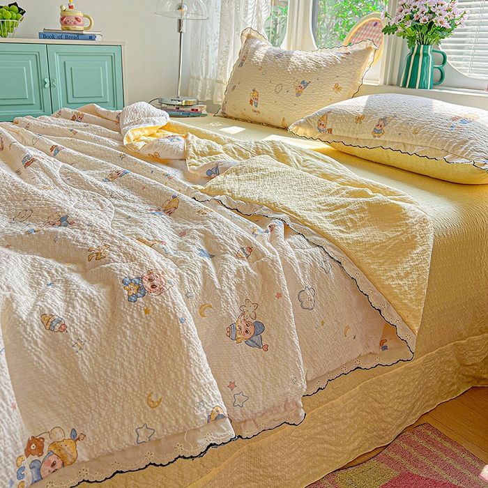 91家纺网 家纺一手货源 找家纺 仟网汇 2026新款法式花边泡芙纱夏被四件套 梦宝贝 - 黄