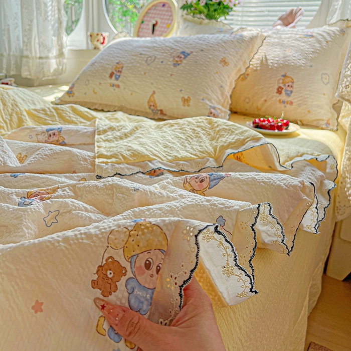 91家纺网 家纺一手货源 找家纺 仟网汇 2026新款法式花边泡芙纱夏被四件套 梦宝贝 - 黄