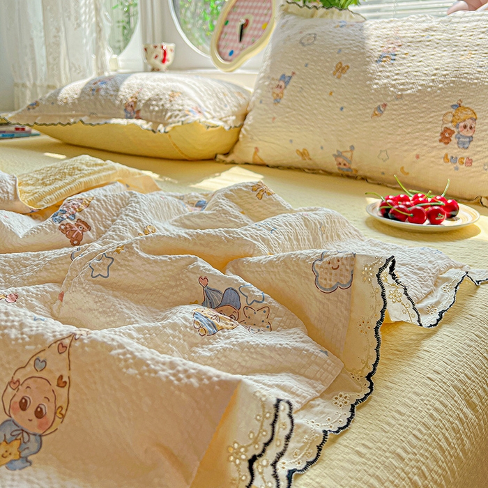 91家纺网 家纺一手货源 找家纺 仟网汇 2026新款法式花边泡芙纱夏被四件套 梦宝贝 - 黄