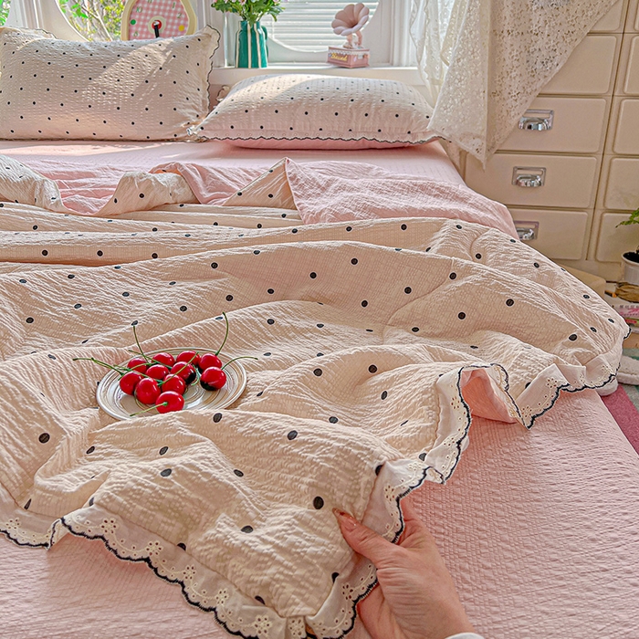 仟网汇 2026新款法式花边泡芙纱夏被四件套 奶霜啵啵