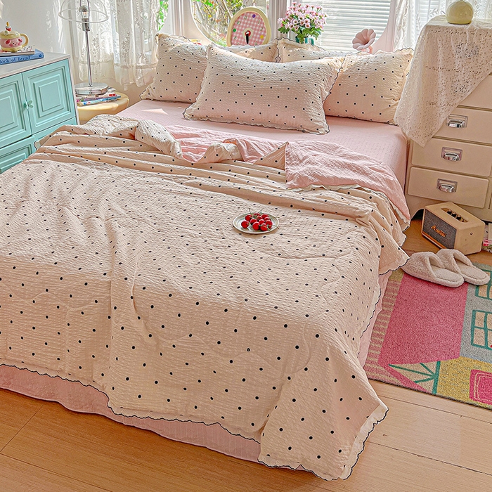 91家纺网 家纺一手货源 找家纺 仟网汇 2026新款法式花边泡芙纱夏被四件套 奶霜啵啵