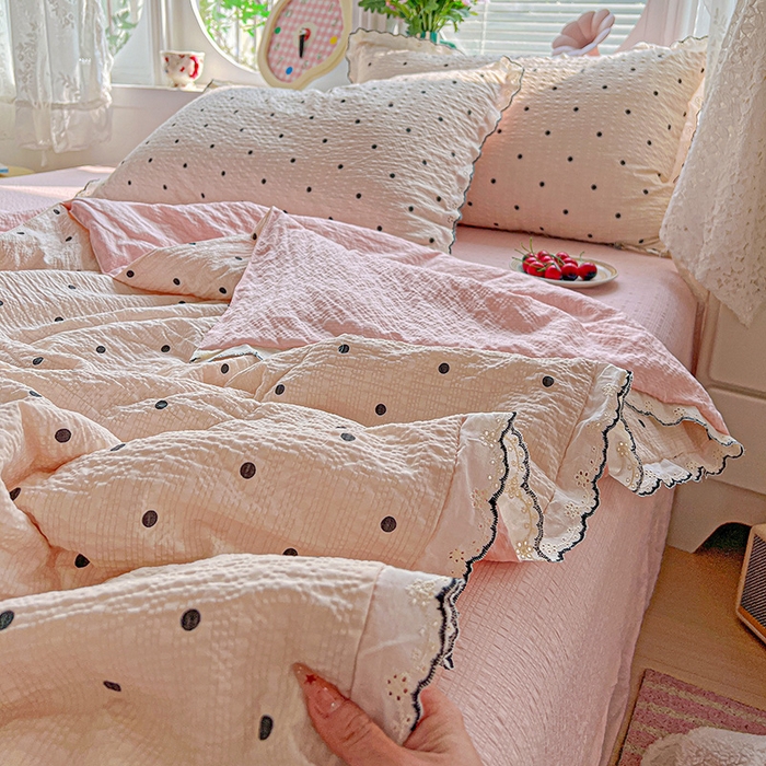 91家纺网 家纺一手货源 找家纺 仟网汇 2026新款法式花边泡芙纱夏被四件套 奶霜啵啵