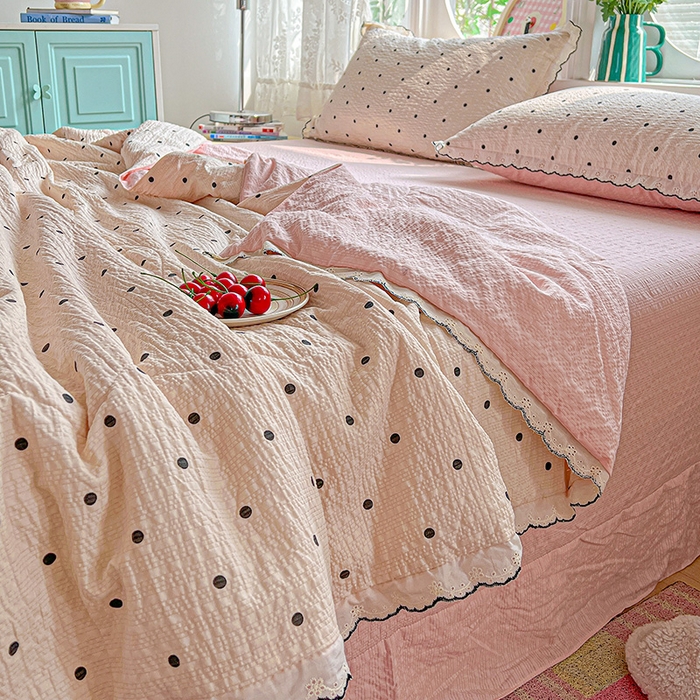 91家纺网 家纺一手货源 找家纺 仟网汇 2026新款法式花边泡芙纱夏被四件套 奶霜啵啵