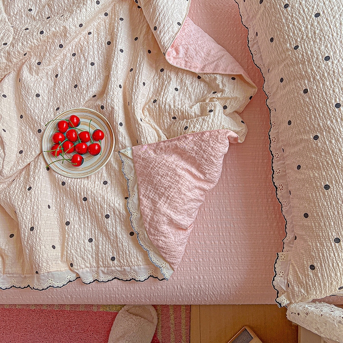 91家纺网 家纺一手货源 找家纺 仟网汇 2026新款法式花边泡芙纱夏被四件套 奶霜啵啵