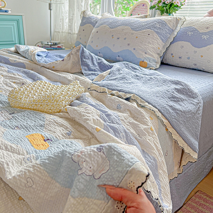 91家纺网 家纺一手货源 找家纺 仟网汇 2026新款法式花边泡芙纱夏被四件套 南瓜象