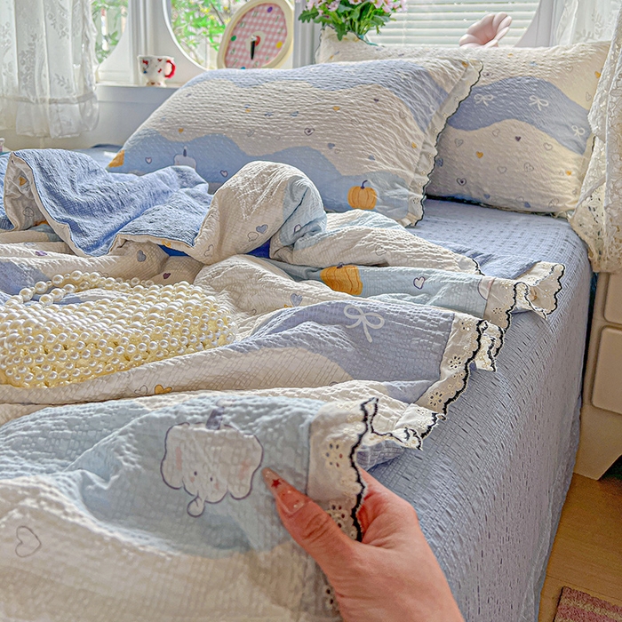 91家纺网 家纺一手货源 找家纺 仟网汇 2026新款法式花边泡芙纱夏被四件套 南瓜象