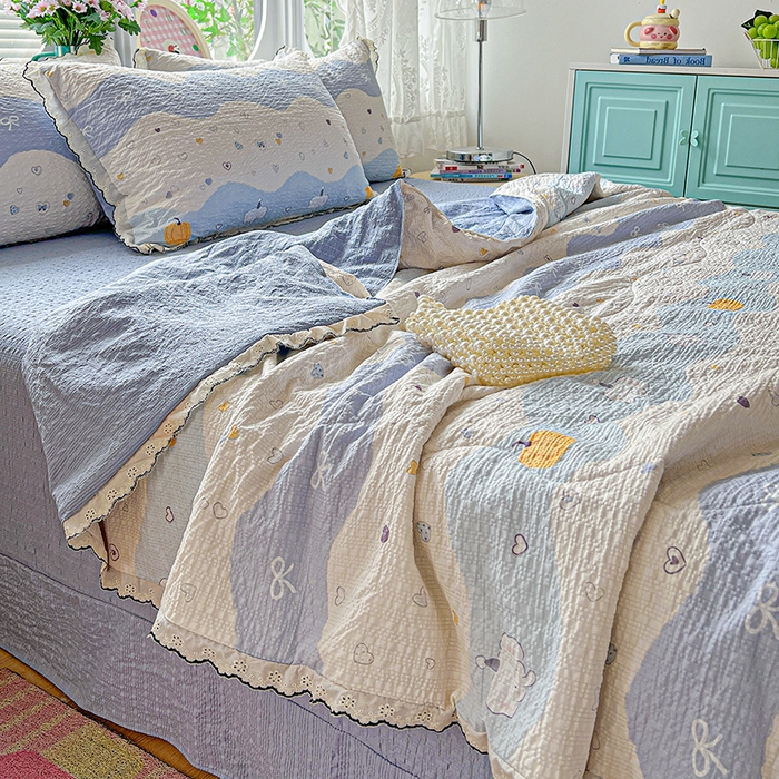 91家纺网 家纺一手货源 找家纺 仟网汇 2026新款法式花边泡芙纱夏被四件套 南瓜象