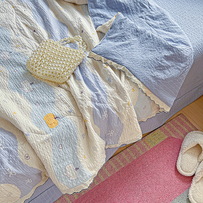 91家纺网 家纺一手货源 找家纺 仟网汇 2026新款法式花边泡芙纱夏被四件套 南瓜象