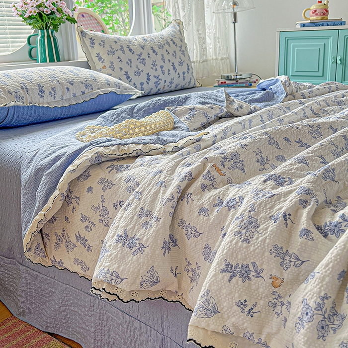 91家纺网 家纺一手货源 找家纺 仟网汇 2026新款法式花边泡芙纱夏被四件套 青禾