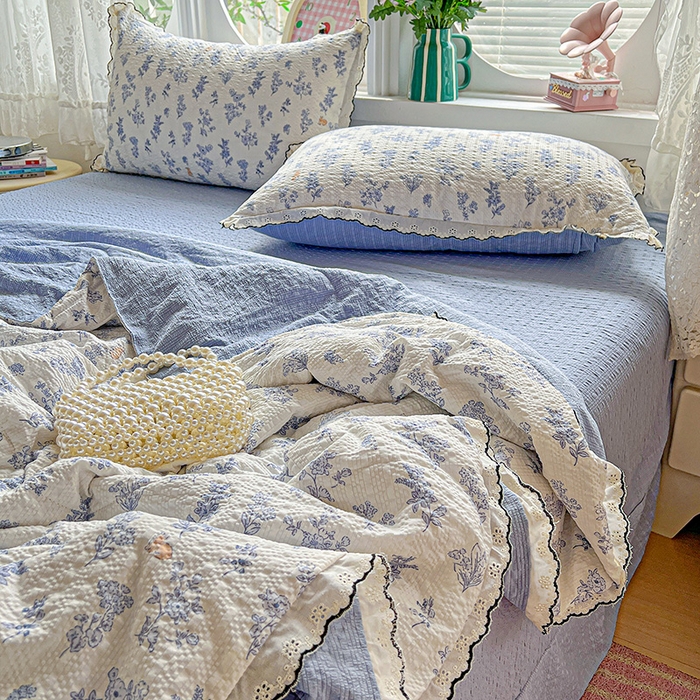 91家纺网 家纺一手货源 找家纺 仟网汇 2026新款法式花边泡芙纱夏被四件套 青禾