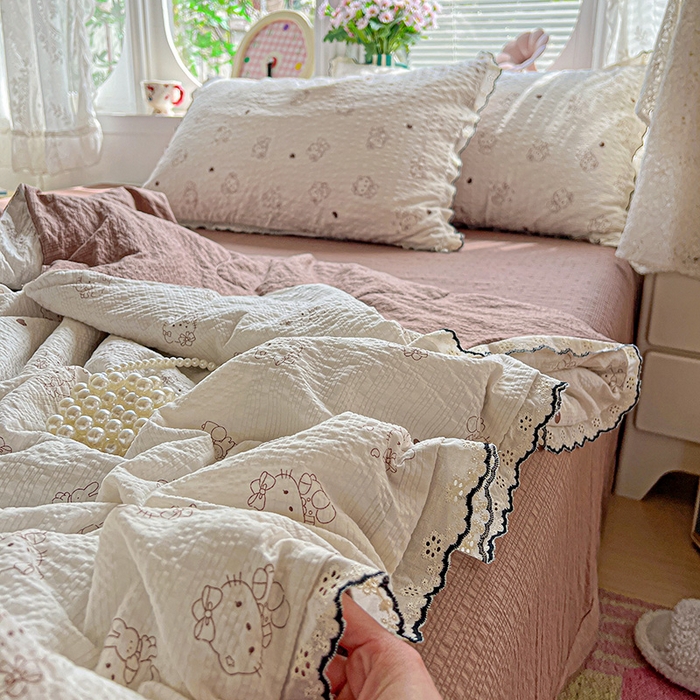 91家纺网 家纺一手货源 找家纺 仟网汇 2026新款法式花边泡芙纱夏被四件套 甜心KT