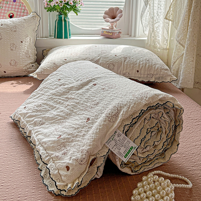 91家纺网 家纺一手货源 找家纺 仟网汇 2026新款法式花边泡芙纱夏被四件套 甜心KT