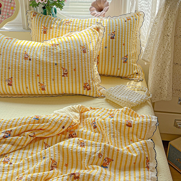 91家纺网 家纺一手货源 找家纺 仟网汇 2026新款法式花边泡芙纱夏被四件套 晚安星人