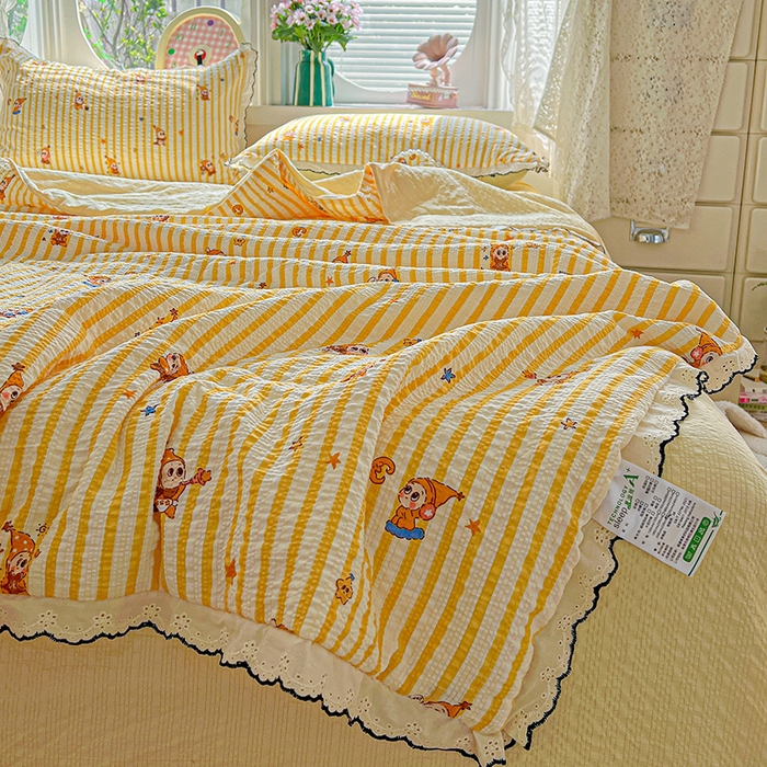 91家纺网 家纺一手货源 找家纺 仟网汇 2026新款法式花边泡芙纱夏被四件套 晚安星人